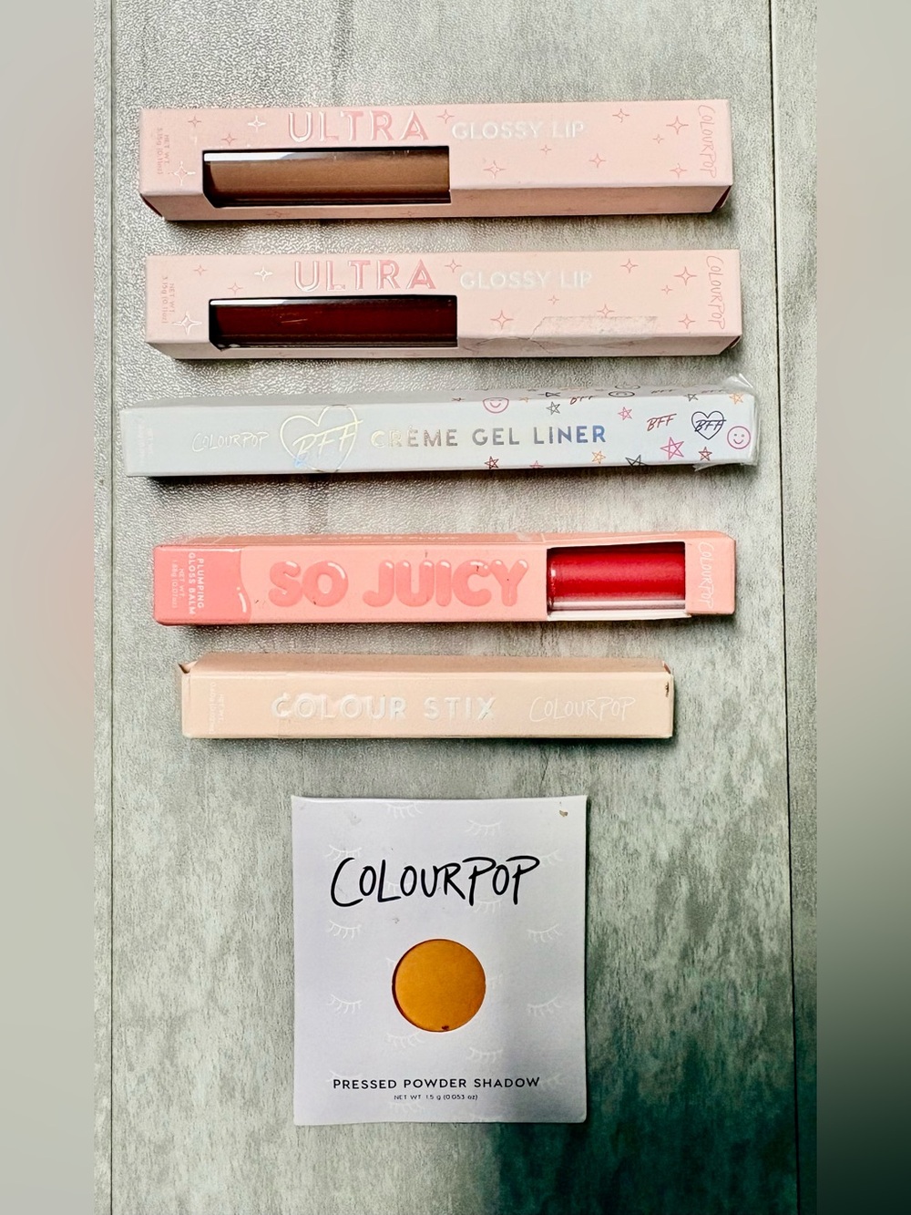 Set of 6 ColourPop Gloss, Lipstick, Eye Liner, & Pressed Powder See Description